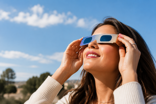 Mujer observando un eclipse solar con gafas homologadas